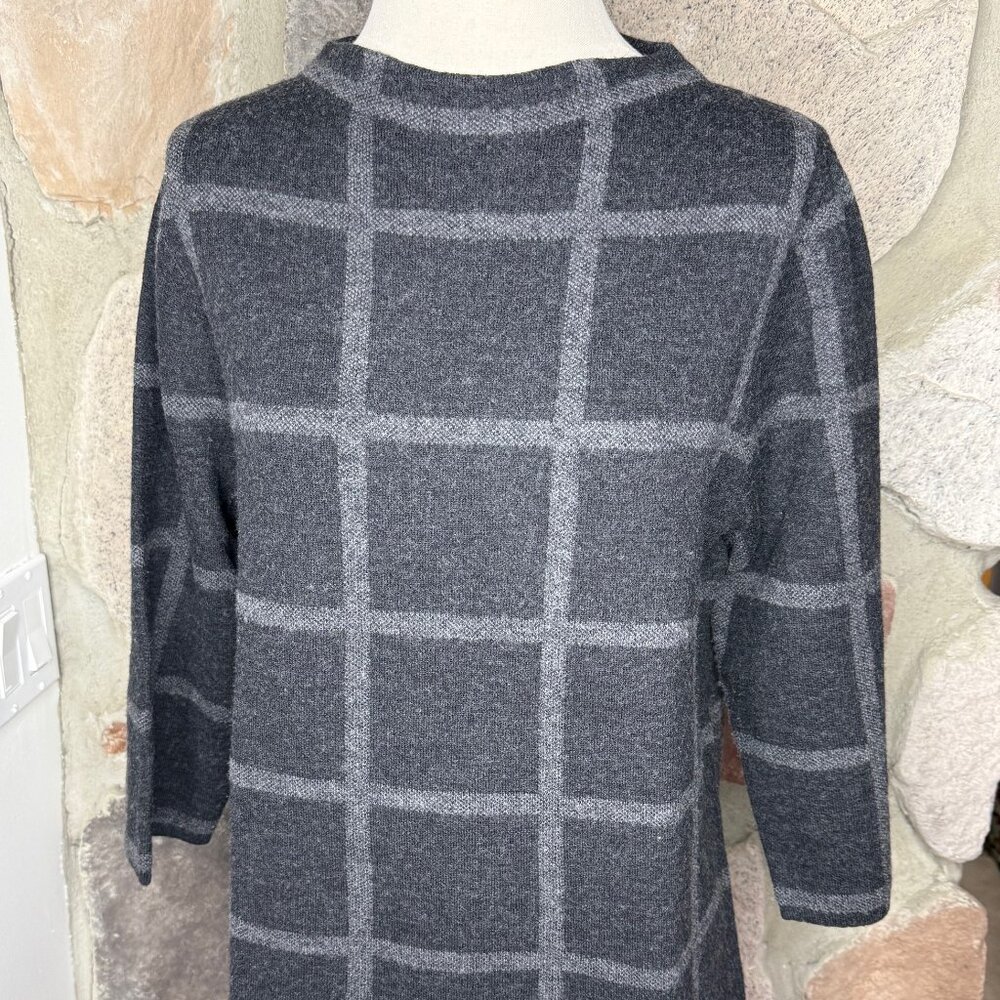 Eileen Fisher Merino Wool Sweater Tunic Windowpane Check Black Grey